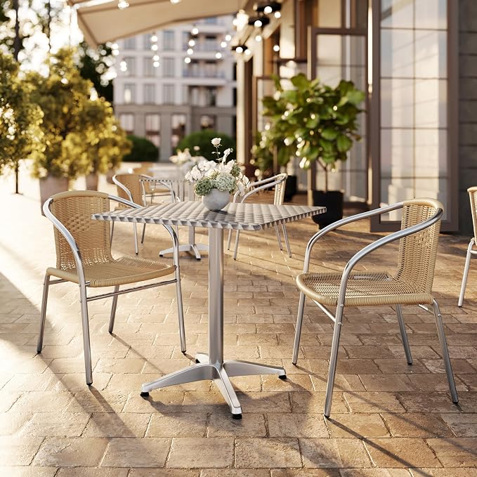 Flash Furniture 27.5'' Square Aluminum Indoor-Outdoor Table Set with 2 Beige Rattan Chairs | Indoor/Outdoor Use, Beige Rattan Chairs