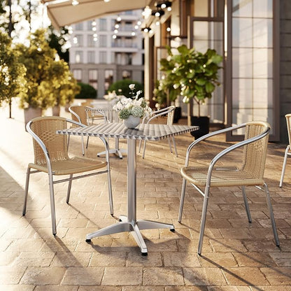 Flash Furniture 27.5'' Square Aluminum Indoor-Outdoor Table Set with 2 Beige Rattan Chairs | Indoor/Outdoor Use, Beige Rattan Chairs