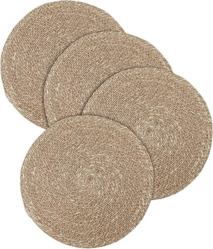 Hausattire Round Woven Placemats Set of 4 - Natural, Seagrass Heat Resistant Table Mats for Wedding, Restaurants, Party | Rattan Boho Easy Clean Circle Spring Easter Placemat for Kitchen - 14 Inches