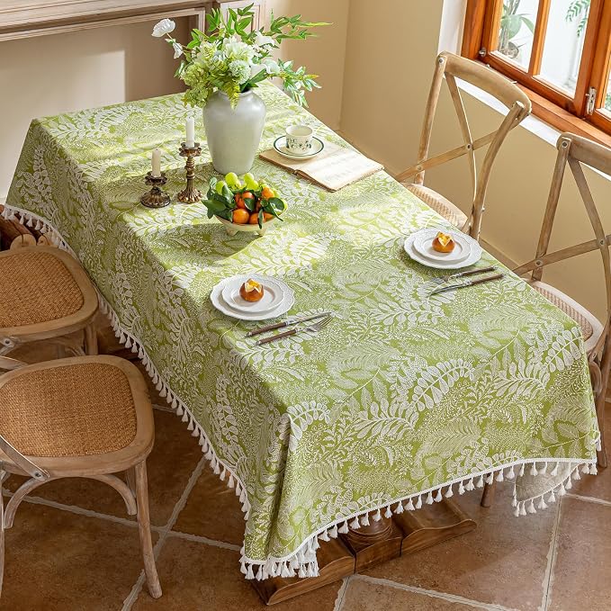 AIRCOWRIE Cotton Linen Tablecloth for Rectangle Tables, Heavy Duty Wrinkle Free Water Resistant Washable Cloth Dining Table Cover for Kitchen and Outdoor Use(Green Plant, 54”×78”, Rectangle)
