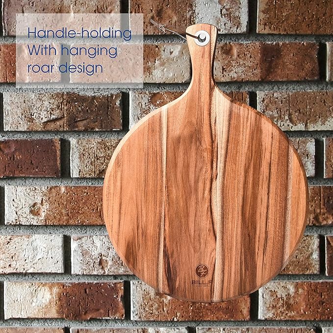 BILL.F Acacia Wood Pizza Peel,10" Cutting Board, Cheese Paddle Board, Bread and Crackers Platter for Serving and Minor Food Prepare with Handle - 14x 10 x 0.5 Inch