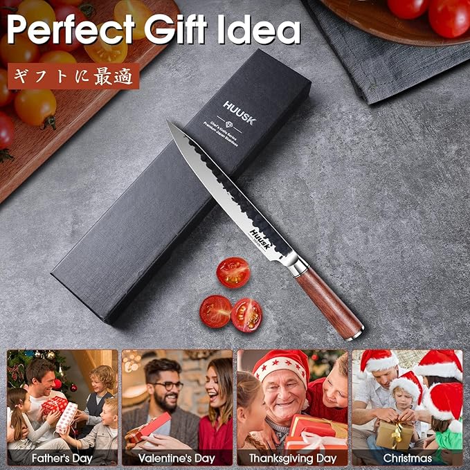 Huusk Japanese Slicing Knife 8 Inch Sushi Knife, Hand Forged Sashimi Knives with Ergonomic Handle for Carving Turkey Cutting Meats, Vegetables, and Fruits, Gifts Idea for Men and Women