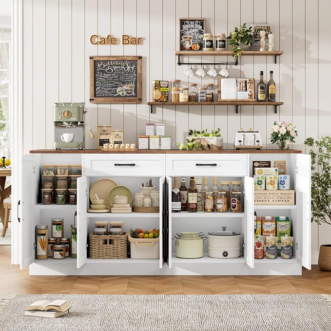 71” Large Buffet Cabinet, Sideboard with Adjustable Shelves | 6 Soft-Close Doors, Sideboard Wood Coffee Bar Console Table for Kitchen, Dining Room (White)