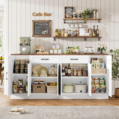 71” Large Buffet Cabinet, Sideboard with Adjustable Shelves | 6 Soft-Close Doors, Sideboard Wood Coffee Bar Console Table for Kitchen, Dining Room (White)