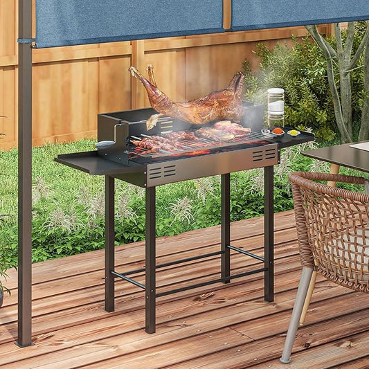 Premium Heavy-Duty Durable BBQ Rotisserie Charcoal Grill with 3Level Multi-Functional Storage Shelves Stainless Steel Construction