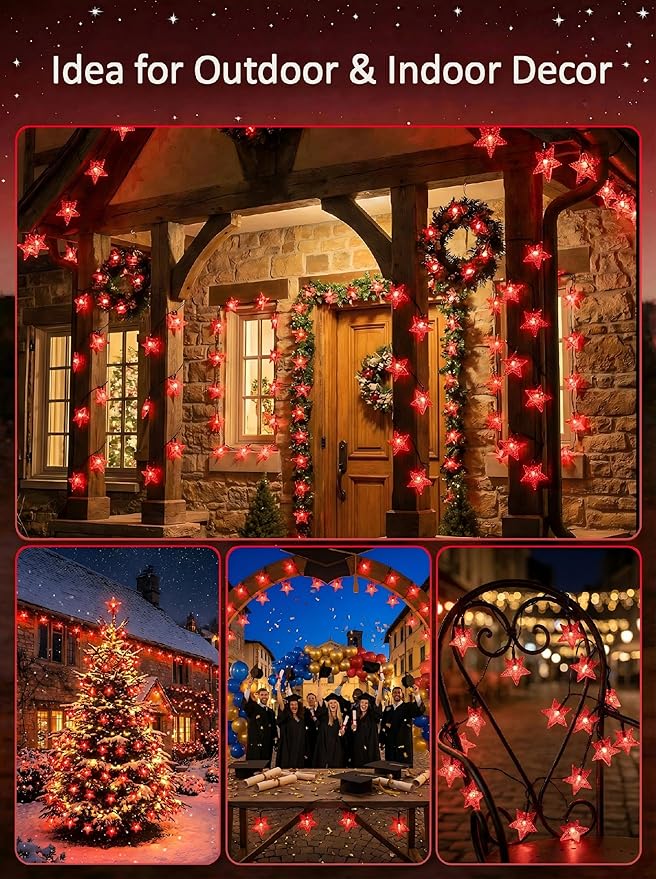 Solar Twinkle Star String Lights Outdoor Indoor Waterproof 39FT 100 LED Solar Powered Fairy Lights with 8 Lighting Modes Christmas Decor for Camping Tree Party Yard Wedding Garden (Red)