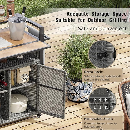 52.8" W Wicker Outdoor Grill Cart with Extended Plastic Wood Table Top,Rolling Kitchen Island on Wheels with Cabinet and Double Handle,for Patio Backyard Garden Poolside (Grey#t)