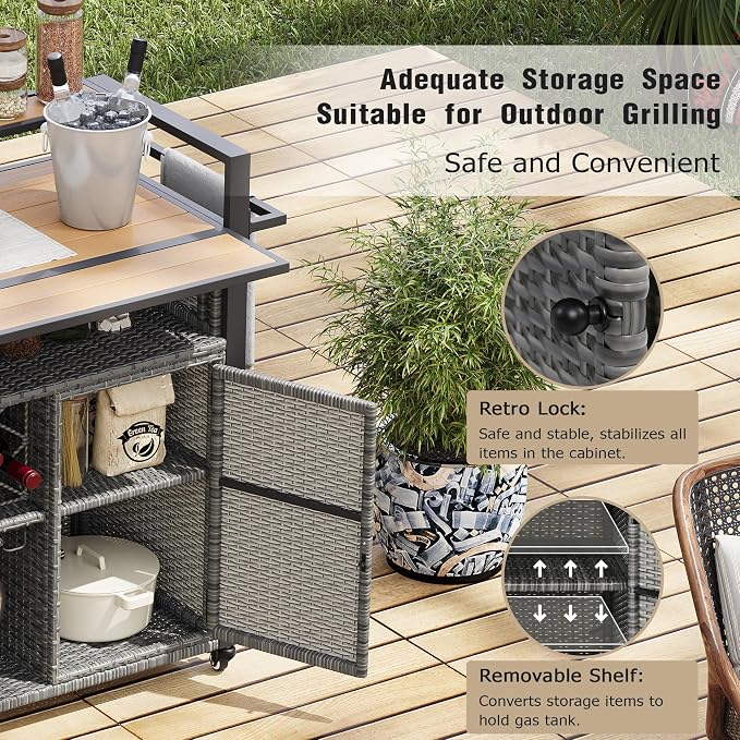 Outdoor Grill Cart BBQ Prep Station, Double Tabletop Rolling Wicker Kitchen Island with 7 Adjustable Shelves & Wine Rack, Weather-Resistant Storage Cabinet for Patio Backyard Garden, Gray