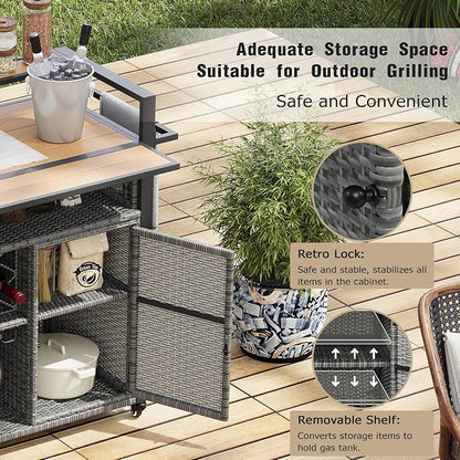Outdoor Grill Cart BBQ Prep Station, Double Tabletop Rolling Wicker Kitchen Island with 7 Adjustable Shelves & Wine Rack, Weather-Resistant Storage Cabinet for Patio Backyard Garden, Gray