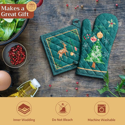 Maison d' Hermine 100% Cotton Oven Mitt & Pot Holder Set (7.5"x13" & 8"x8") | Heat Resistant BBQ Cooking Gloves with Loop Baking Grilling Kitchen Home Farmhouse Thanksgiving Christmas - Hygge Christmas