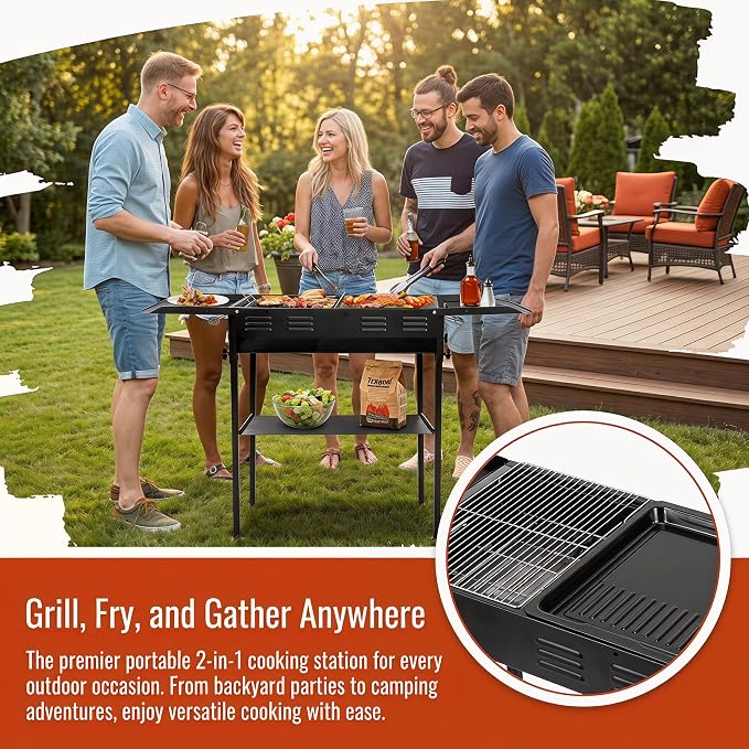 Portable Charcoal Grill, Foldable BBQ Grill for Camping, Backyard and Picnic, Adjustable Height Outdoor Charcoal Grill with Grill Grate, Griddle Pan, Side Shelves and Carry Bag, Black