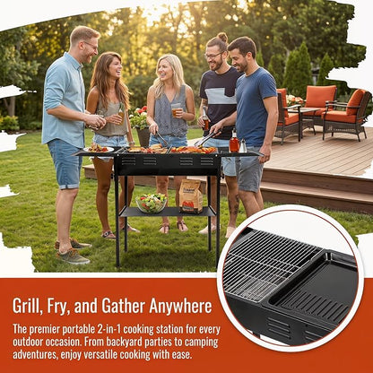Portable Charcoal Grill, Foldable BBQ Grill for Camping, Backyard and Picnic, Adjustable Height Outdoor Charcoal Grill with Grill Grate, Griddle Pan, Side Shelves and Carry Bag, Black