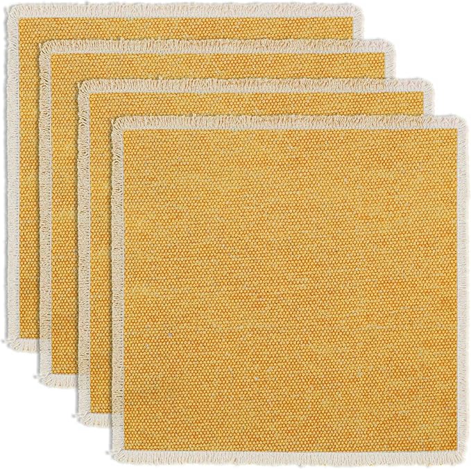 Hausattire Cotton Frayed Placemats Set of 4 Dining Table 14x14 Inch | Rustic Vintage Boho Washable Easter Placemat for Outdoor Parties BBQ's Wedding, Holiday, Special Occasions, Nubby Cotton - Yellow
