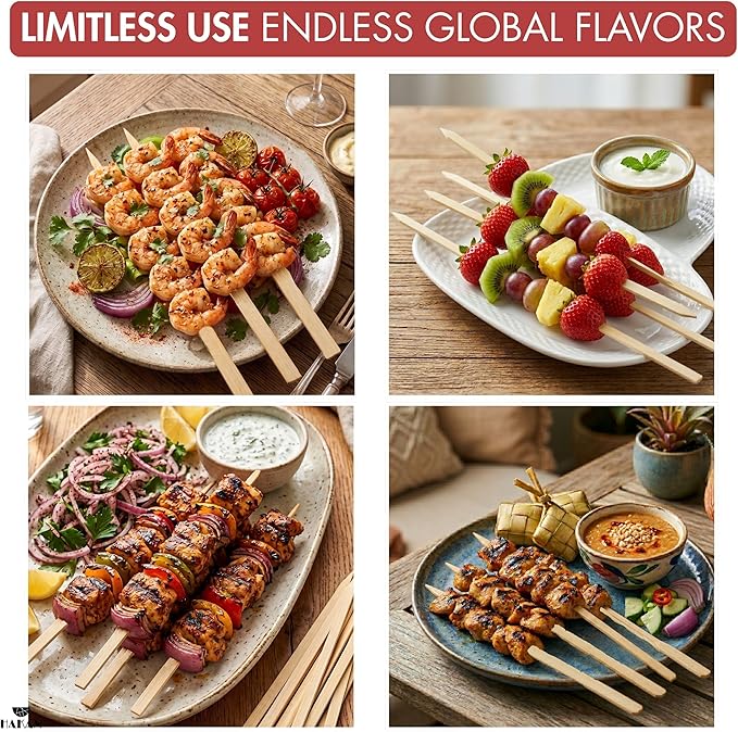 Hakan 9.8” Bamboo BBQ Skewers 200 Pcs | Flat Kabob Skewers for Grilling Meat, Vegetables & Fruit | Shish Kebob Food Sticks | Cocktail Picks, Strong Appetizer Sticks for Party & BBQ, (25 cm x 1 cm)