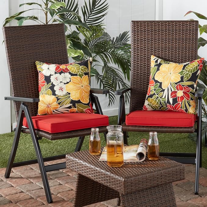 Outdoor 18 inch Square Patio Dining Chair Pads – Comfortable Fiber-Filled Seat Cushions with Ties, Reversible Polyester Fabric - Salsa Red, Set of 4