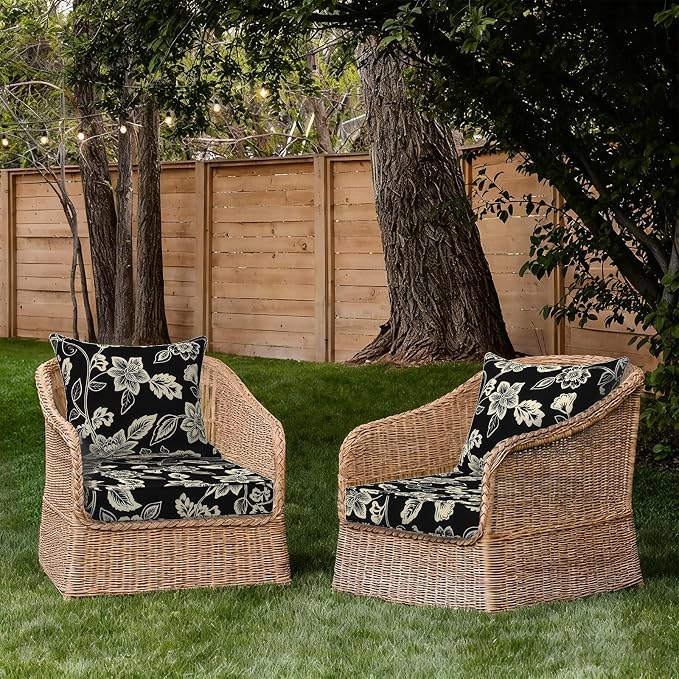 DYTXIII Outdoor Deep Seat Cushion Set, Water Repellent 24"x24" Patio Thick Cushions Replacement with Seat & Back Pillow for Patio Sofa, Wicker Chair, Couch - Vines Black