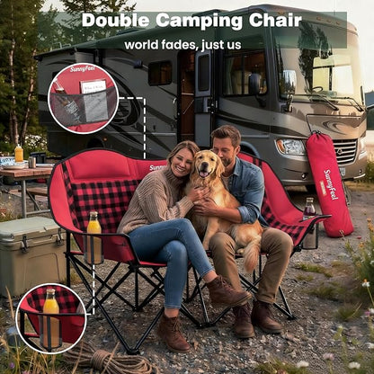 SUNNYFEEL Double Camping Chair Oversized Loveseat for Adults | 600LBS Heavy Duty Padded Camping Couch with Cup Holder, Storage Pockets & Carry Bag for Patio RV/ Lawn/ Backyard