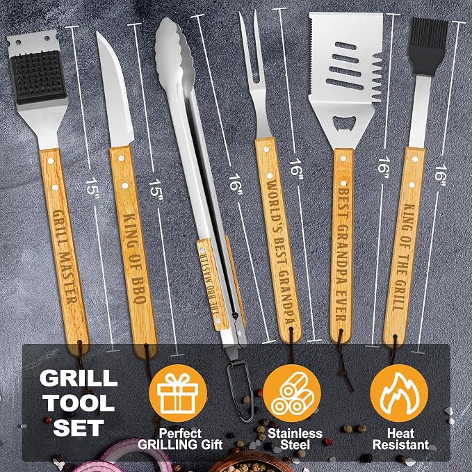 Grandpa Gifts from Grandkids, Grilling Gift Heavy Duty Wooden BBQ Grilling Accessories Kit, Thick Stainless Steel Grill Utensils with Non-Slip Handle Tools in Portable Bag on Fathers Day
