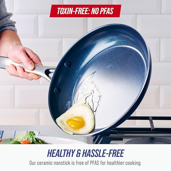 Blue Diamond 12" Diamond Ceramic Nonstick Frying Pan Skillet with Lid, Blue | PFAS-Free Ceramic Nonstick, Dishwasher & Oven Safe, Stay Cool Handle, Durable Metal Utensil Safe, Egg & Omelet Pan
