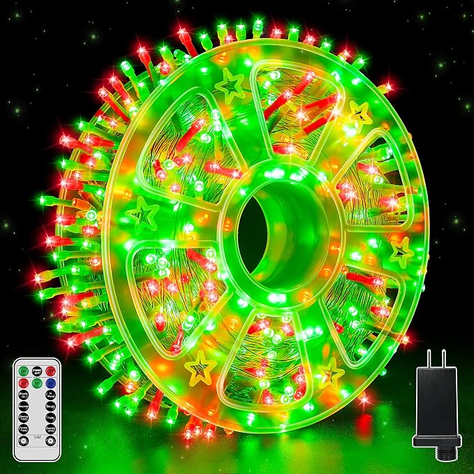 Guhope Christmas Lights 600 LED 98FT, Waterproof Outdoor String Lights with Remote and Timer, 8 Modes Dimmable Fairy Lights for Indoor Outdoor Wedding Party Holiday Decorations (Red and Green)