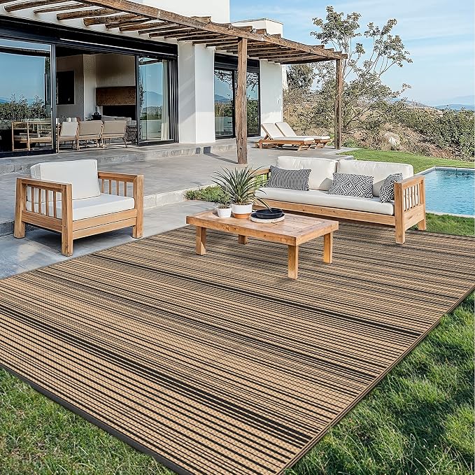 GENIMO Outdoor Rug, Waterproof Plastic Rugs for Patio, 10'x14' Light Brown | Outside Larger Modern Carpet Mat for Patio Decor, RV, Porch, Camper, Deck, Picnic, Beach, Backyard, Reversible, Foldable