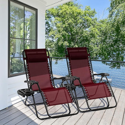 Giantex Zero Gravity Reclining Chair, Outdoor Patio Recliner with Cup Holder & Removable Pillow, Adjustable Backrest, Indoor Lounge Chair for Backyard, Garden, Poolside (Burgundy)