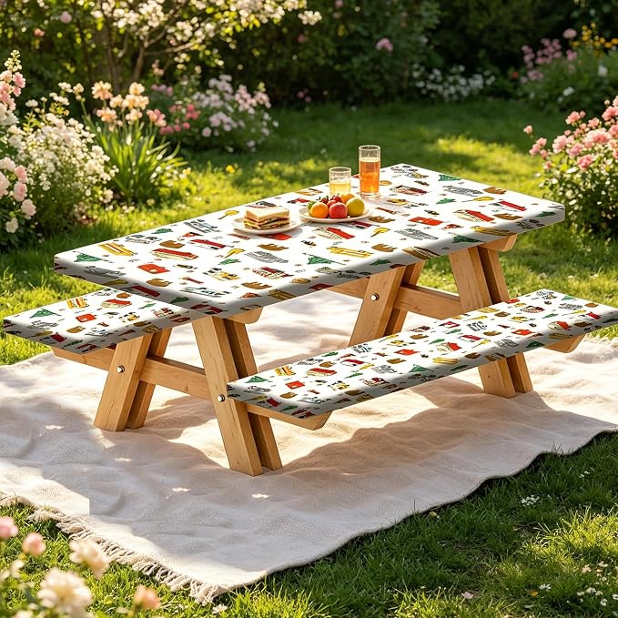 Picnic Table Cover with Bench Covers and Bag, Camping Rv Essentials, Waterproof Windproof Fabric, Fitted Tablecloth Cover with Elastic Edge, 3 PCS, 30x72 Inch, White