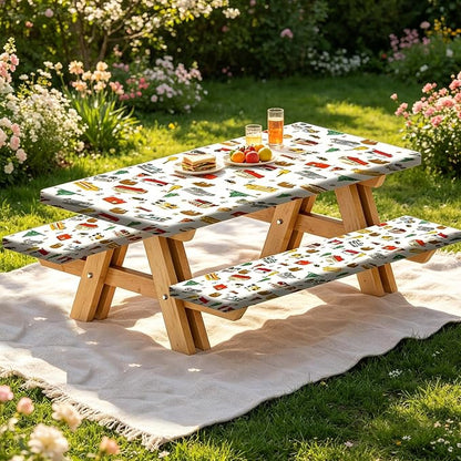 Picnic Table Cover with Bench Covers and Bag, Camping Rv Essentials, Waterproof Windproof Fabric, Fitted Tablecloth Cover with Elastic Edge, 3 PCS, 30x72 Inch, White