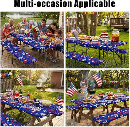 Smiry Picnic Table Cover with Bench Covers, Waterproof Elastic Fitted Tablecloth for 6 Foot Tables, Washable Polyester Tablecloths for Camping & Patriotic Decor (Navy Blue & Red, 30x72 Inch 3-pc Set)