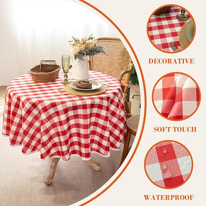 Red and White Gingham Tablecloth, Waterproof Outdoor Picnic Table Cover for Summer BBQ, Farmhouse Kitchen, Patio Dining, Reusable Machine Washable Checkered Table Cloth, 60" Round