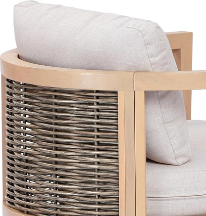 Merax Outdoor Acacia Wood Club Chair wtih Cushions, Patio Sofa Armchair with Rattan-Woven Back, Sturdy Base for Porch, Lawn, Backyard, Balcony, Light Teak