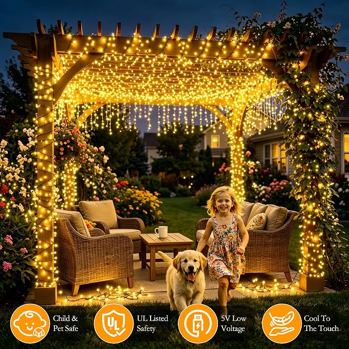 66FT 200 LED Warm White Fairy Lights, Dark Green Wire 8 Modes Timer, IP44 Waterproof Outdoor Indoor String Lights for Patio Garden Backyard Bedroom Classroom Weeding Christmas Decor