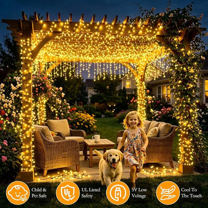 132FT 400 LED Warm White Fairy Lights, Dark Green Wire 8 Modes Timer, IP44 Waterproof Outdoor Indoor String Lights for Patio Garden Backyard Bedroom Classroom Weeding Christmas Decor