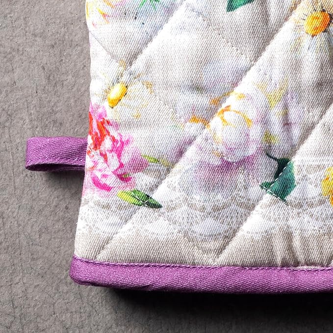 Maison d' Hermine 100% Cotton Oven Mitt & Pot Holder Set (7.5"x13" & 8"x8") Heat Resistant BBQ Cooking Gloves with Loop Baking Grilling Kitchen Hotel Home Farmhouse Spring Summer (Pivoine)