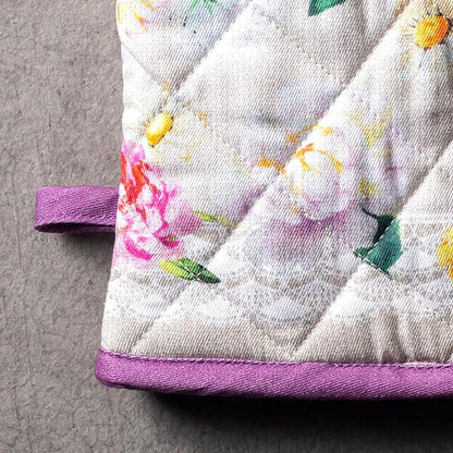 Maison d' Hermine 100% Cotton Oven Mitt & Pot Holder Set (7.5"x13" & 8"x8") Heat Resistant BBQ Cooking Gloves with Loop Baking Grilling Kitchen Hotel Home Farmhouse Spring Summer (Pivoine)