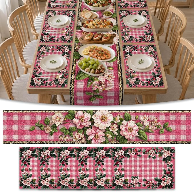 Nuxovilar Tablerunner and Placemats Set of 7 Pink Plaid with Floral Decor Linen Square Placemats for Dining Dining Sets and Accessories Brunch, Afternoon Tea, Ladies’ Gatherings