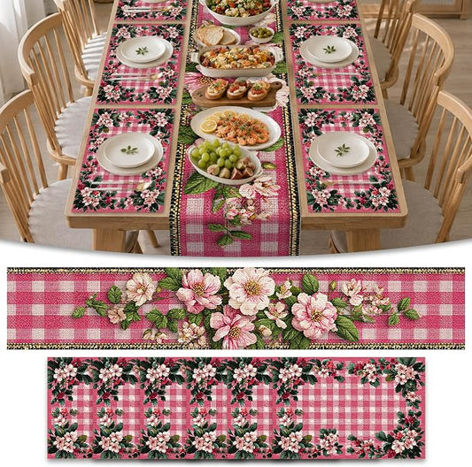 Nuxovilar Tablerunner and Placemats Set of 7 Pink Plaid with Floral Decor Linen Square Placemats for Dining Dining Sets and Accessories Brunch, Afternoon Tea, Ladies’ Gatherings