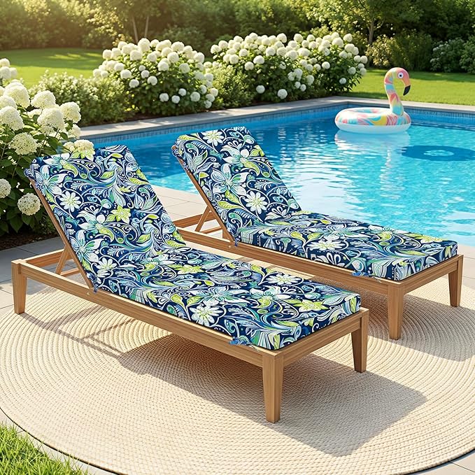 Fabuday Chaise Lounge Chair Cushions for Outdoor Furniture - 72 x 21 x 3 Inch Waterproof Patio Pool Sunbrella Lounger Pads Replacement with Removable Cover, Green Floral, Set of 2