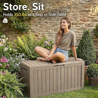 90 Gallon Deck Box Outdoor Storage Box Waterproof for Patio Furniture,Outdoor Cushions,Garden Tools and Pool Supplies,Lockable, Resin and Easy to Install Grey