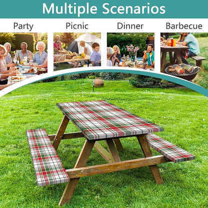 Red Green White Plaid Picnic Table Cover with Bench Covers and Bag, Camping Essentials, Water Resistant Windproof, Fitted Tablecloth Cover with Elastic Edge, for Indoor & Outdoor 3 PCS, 30x96 Inch