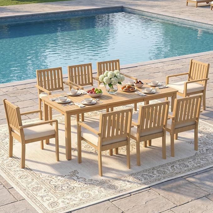 FansaFurn 9 Pieces Acacia Outdoor Patio Table and Chairs Set for All-Weather, Outside Furniture with Table Umbrella Hole and Removable Cushion for 8, Outdoor Patio Furniture Set for Garden, Brown