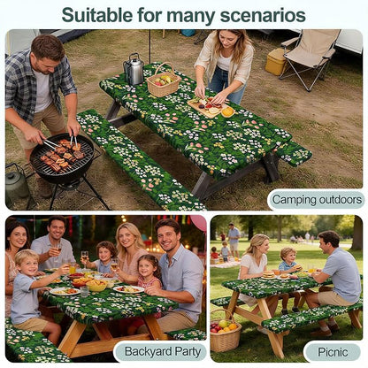 Picnic Table Cover Bench Covers Camping Essentials Tablecloth | Waterproof Vinyl for Outdoor, Windproof Elastic Fitted Edges, RV BBQ Accessories Must Haves, Storage Bag Included