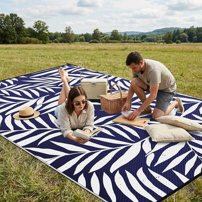 Smiry Outdoor Rug 8x10 ft Waterproof Reversible Leaf Mat, Navy & White | Polypropylene Plastic Straw, Quick Drying, Lightweight Foldable, for Patio, Deck, RV Camping, Backyard and Indoor Outdoor Use