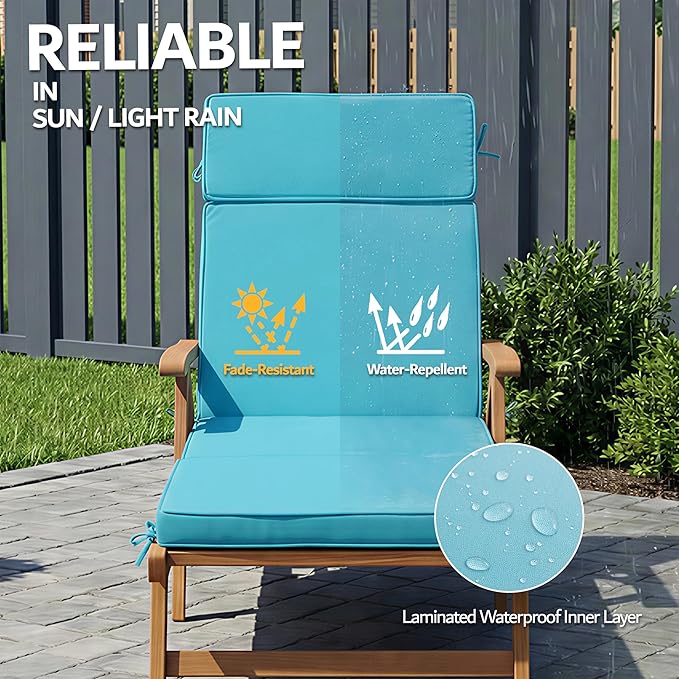 72 x 21 Inch Outdoor Chaise Lounge Cushions Set of 2 - Removable Cover, 4-Section Design, Water-Repellent & Fade-Resistant, 6 Tie Straps, Replacement for Patio & Pool Chairs - Teal