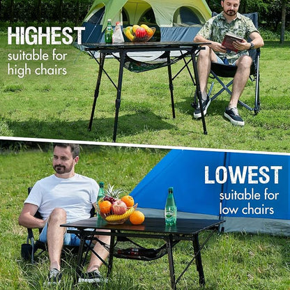 Portal Camping Table Foldable Portable with Adjustable Legs, Aluminum Folding Table Roll Up Table with Carrying Bag for Outdoor, Beach, Picnic, Backyards, BBQ and Party, Black