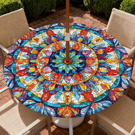 Outdoor Tablecloth with Umbrella Hole and Zipper Fits 61-65" Tables | Waterproof Round Fitted Tablecloth with Elastic Edge, Wipeable Outdoor Table Cover for Patio, Garden, Picnic