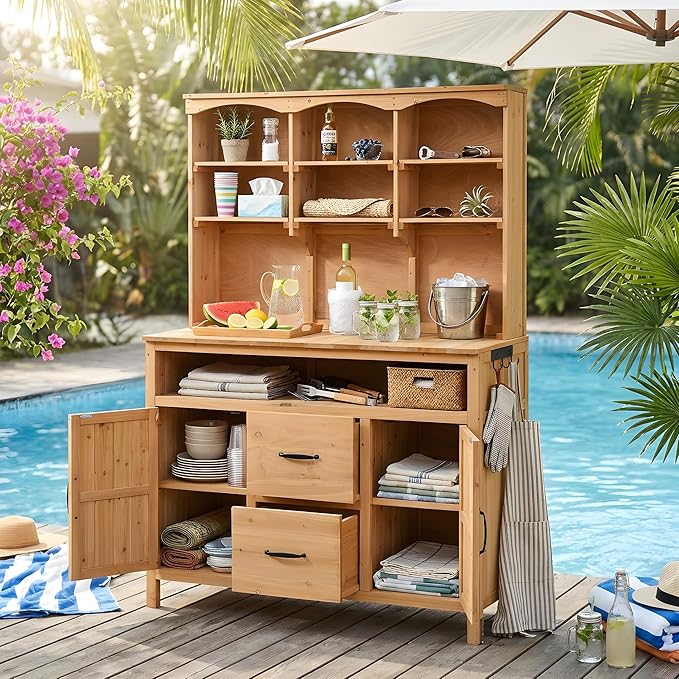 Merax 45.3" Large Outdoor Fir Wood Potting Bench with Storage, Multi-Functional Patio Kitchen Island, 6-Shelf Hutch+2 Cabinets+2 Drawers+3 Hooks, Garden Workstation for Planting, Gardening, Natural