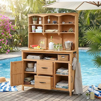 Merax 45.3" Large Outdoor Fir Wood Potting Bench with Storage, Multi-Functional Patio Kitchen Island, 6-Shelf Hutch+2 Cabinets+2 Drawers+3 Hooks, Garden Workstation for Planting, Gardening, Natural