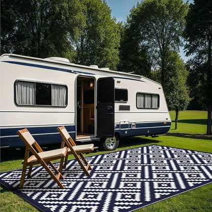 GENIMO Outdoor Rug, Waterproof Plastic Rugs 9'x18' for Camping Blue White | Outside Larger Modern Carpet Mat for Patio Decor, RV, Porch, Camper, Deck, Picnic, Beach, Backyard, Reversible, Foldable