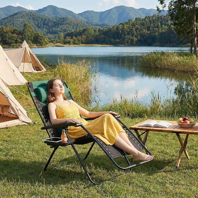 Oversized Zero Gravity Lounge Chair, Foldable Lawn Recliner Outdoor Chair | Ergonomic Zero Gravity Lounge Chair with Soft Padding, Recline Support and Cup Holder for Outdoor Leisure